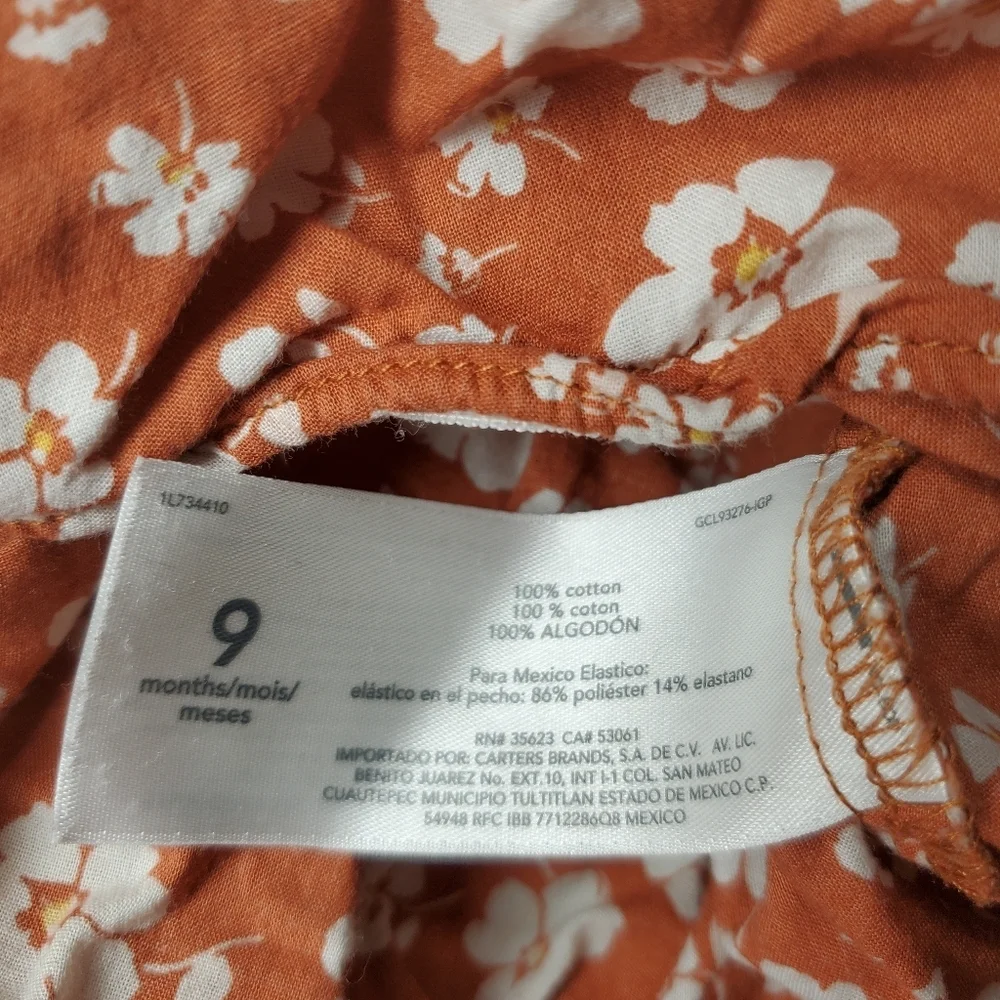 Carter's Baby Girl Rust Brown and White Floral Boho Romper Summer Outfit Size 9m